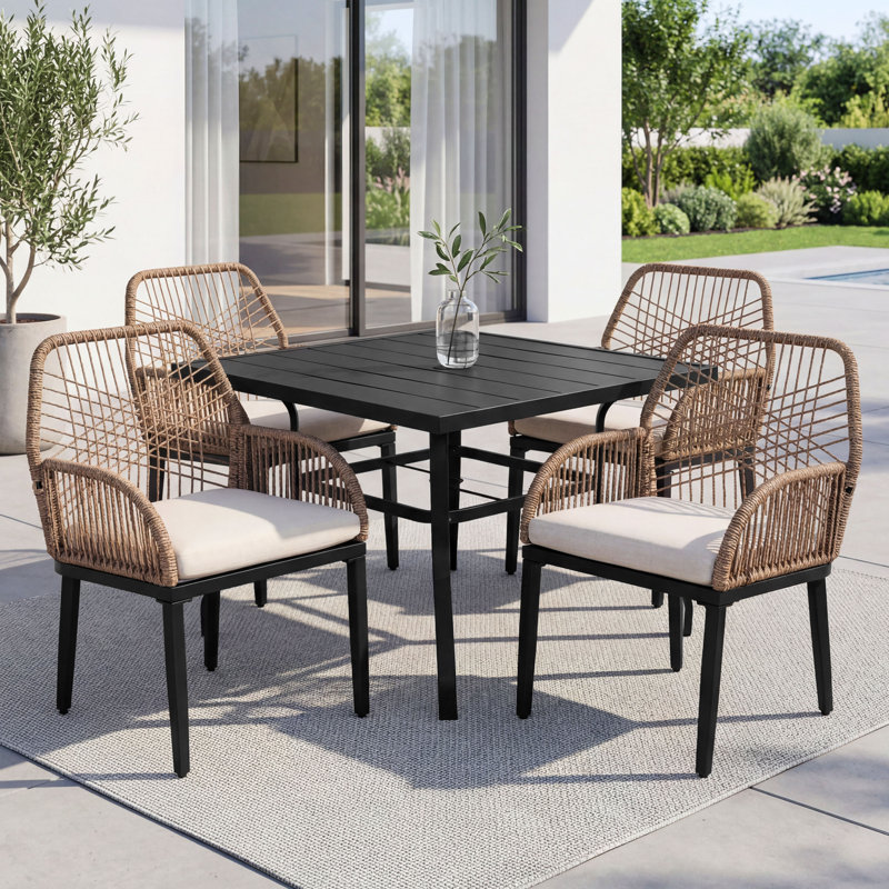 5pcs Rattan Metal Patio Dining Set With Umbrella Hole, Zippered Cushions, 28.3" H x 37" W37" D, Square, 4