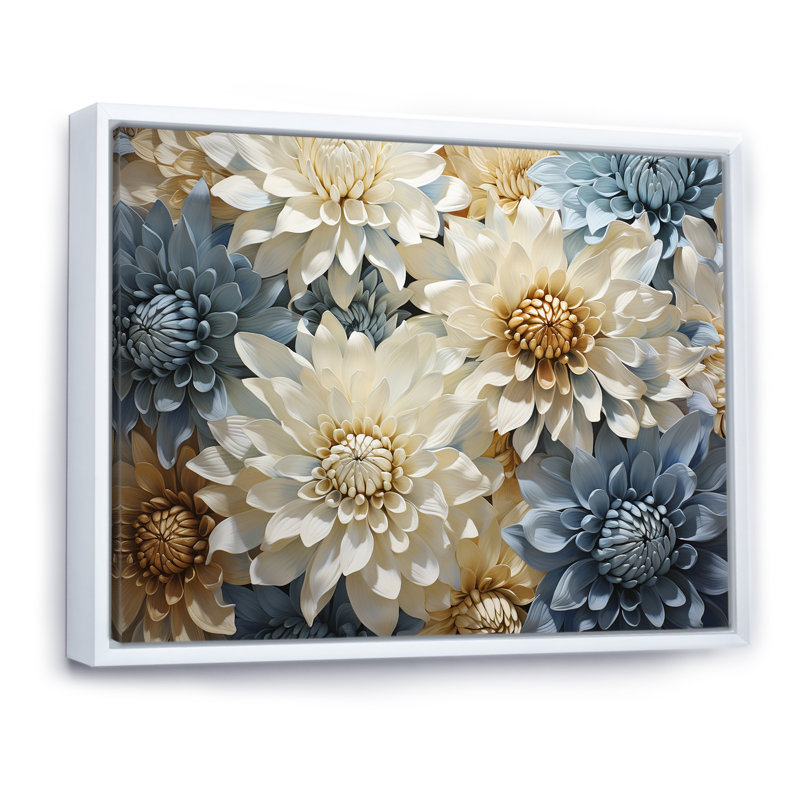 «Chrysanthemums White Blue Mosaic Garden», reproduction sur toile, H 34 po x l 44 po x P 1,5 po, Cadre flottant blanc