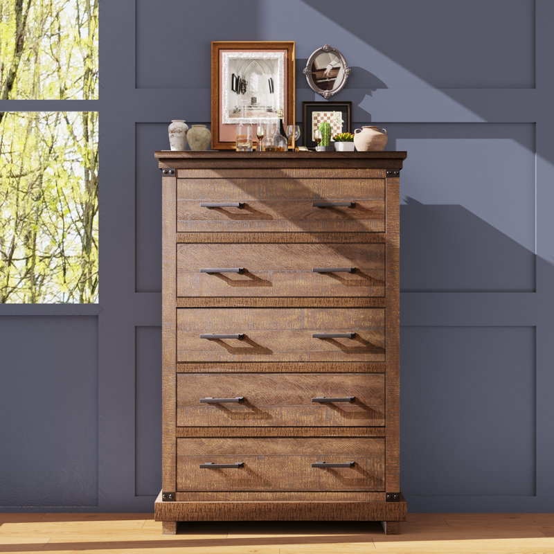 Becklynn Farmhouse 5 - Drawers Dresser Organizer, Rustic Tall Chest of Drawers for Bedroom, Brown