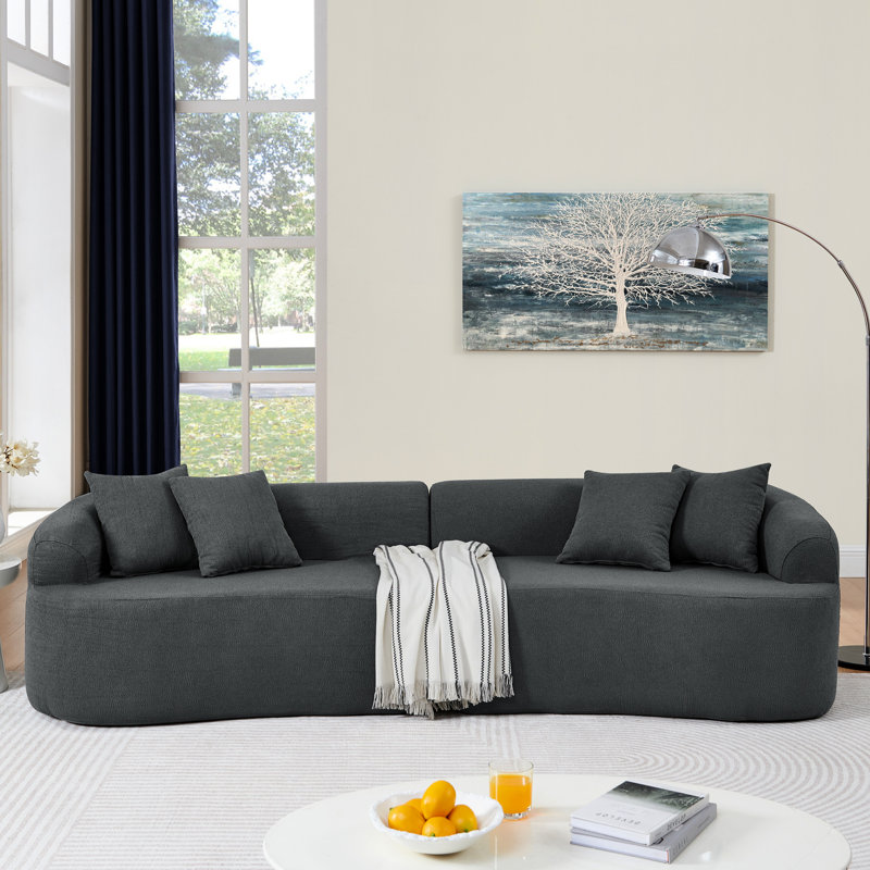 Canapé modulaire gris en laine d'agneau courbé, style minimaliste moderne, comprimé, sans assemblage, mousse à haute densité en tissu, pour la chambre à coucher