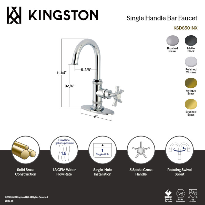 Kingston Brass Hamilton Single-Handle 1-Hole Deck Mount Bar Faucet, Brushed Brass