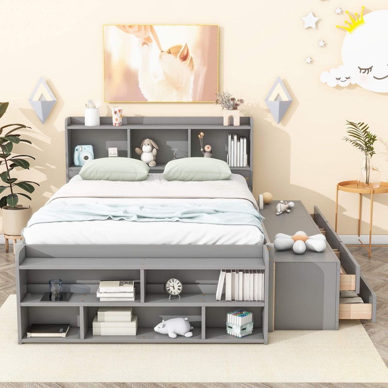 Lit double avec tête de lit bibliothèque, tiroirs sous le lit et étui de rangement, Gris