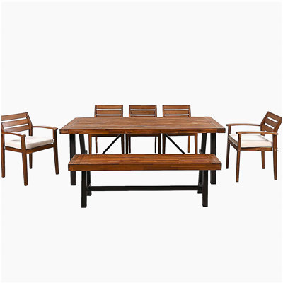 Outdoor Wood Dining Set For 7-8 Person, Outdoor Dining Furniture With Removable Cushions, Ergonomic Chairs And Bench, Thicker Table