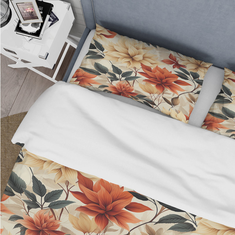Beige And Red Autumn Flowers Garden - Ensemble de housse de couette rétro, Housse de couette pour grand lit et 2 taies décor