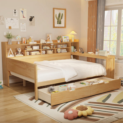 Lit de jour double avec tablettes de rangement, lit multifonctionnel avec deux tiroirs de rangement et bureau d'étude, naturel