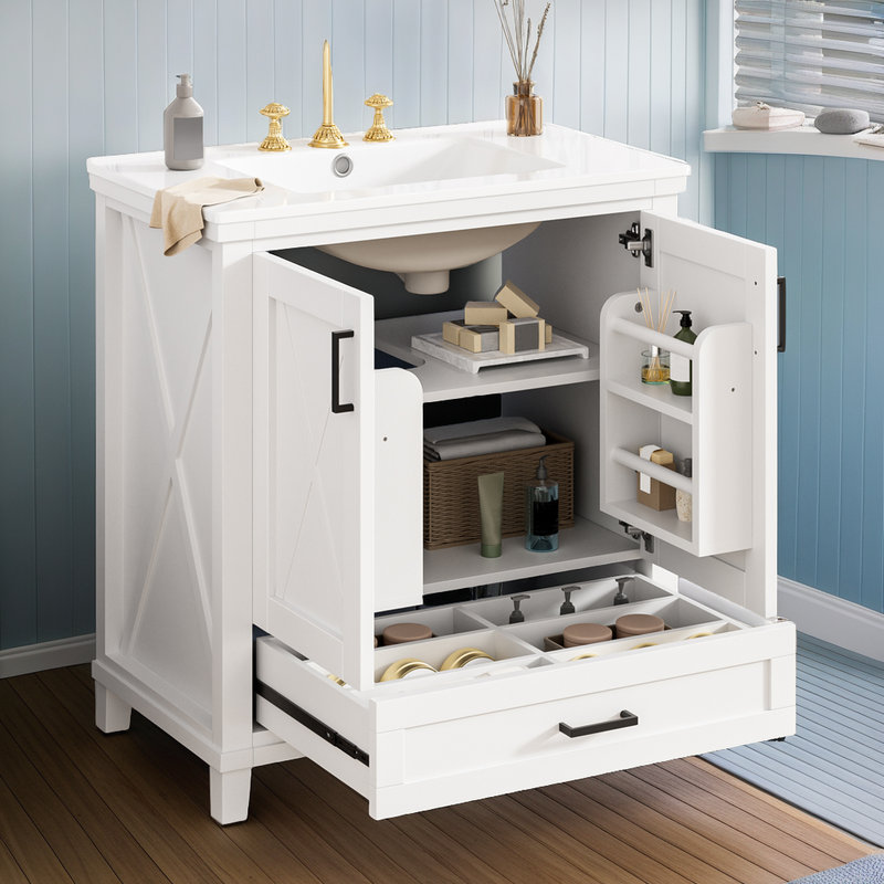 Meuble-lavabo de 30 po avec lavabo en céramique, structure en bois massif, portes à fermeture douce, tablette réglable, Blanc