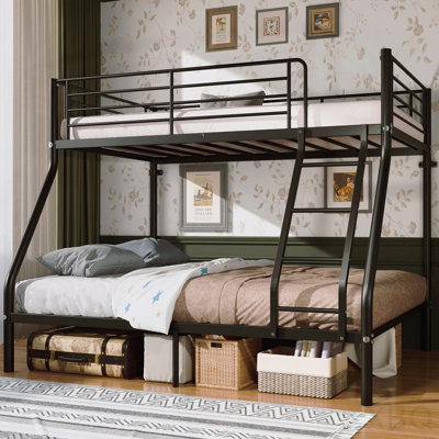 Metal Twin Over Full Size Bunk Bed For Adults & Kids,Twin Over Full Bunk Beds, 650+750ibs Capacity,Bunkbeds With Length Guardrail And Ladder, No Box Spring Needed,Space Saving,Black