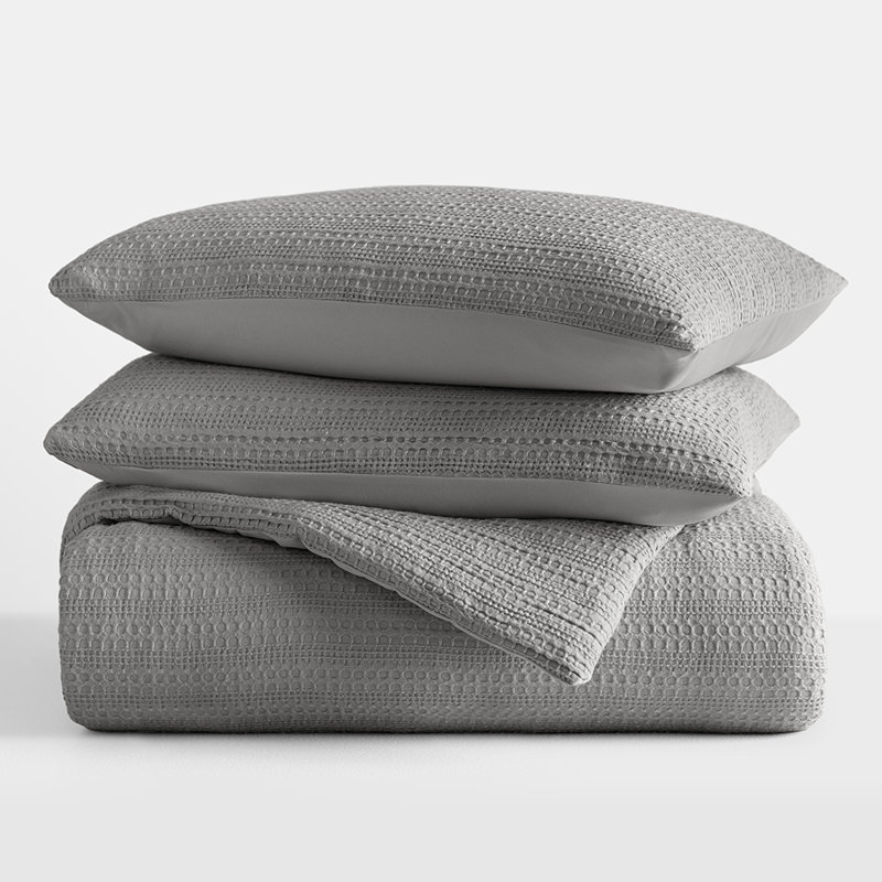 Ensemble d'édredon texturé 3 pièces Waffle, Gris, Édredon pour lit simple + 1 taie décorative stan