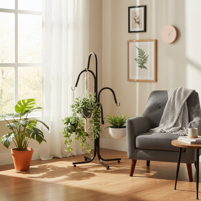 Support pour plante suspendu industriel en métal noir mat avec support à 4 crochets