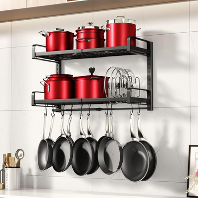 Support à casseroles extensible à suspendre, organisateur mural robuste à 2 niveaux pour casseroles et poêles avec 10 crochets et 5 supports pour couvercle de pot