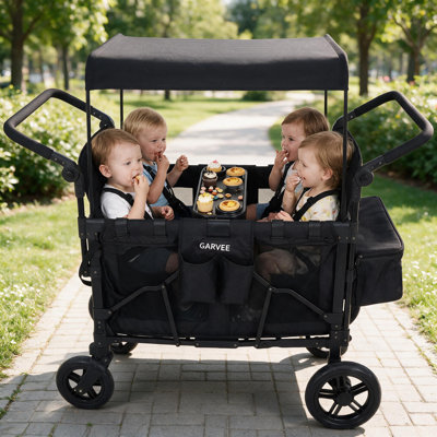 Poussette tout-terrain 4 places pour enfants – Conception pliable, capote amovible, tablette pour les collations, poignée de poussée/traction réglable, harnais de sécurité, roues pivotantes et fixes, frein à une étape