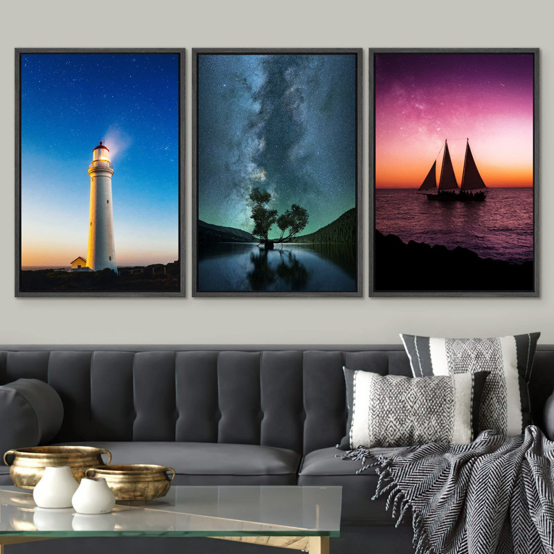 " Vibrant Lighthouse Star Night Galaxy Cosmos Sunset Sailboat Ocean Coastal Nautical Photo Modern Art " 3 - Pieces, Noir