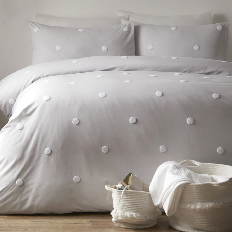 Dot Garden Duvet Cover Set, Double Duvet Cover + 2 Standard Pillowcases, Silver/White Dots