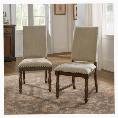 Traditional Classic Brown Dinng Chair Set of 2 Beige Fabric Upholstered Nailhead Trim Wooden Dining Room Furniture