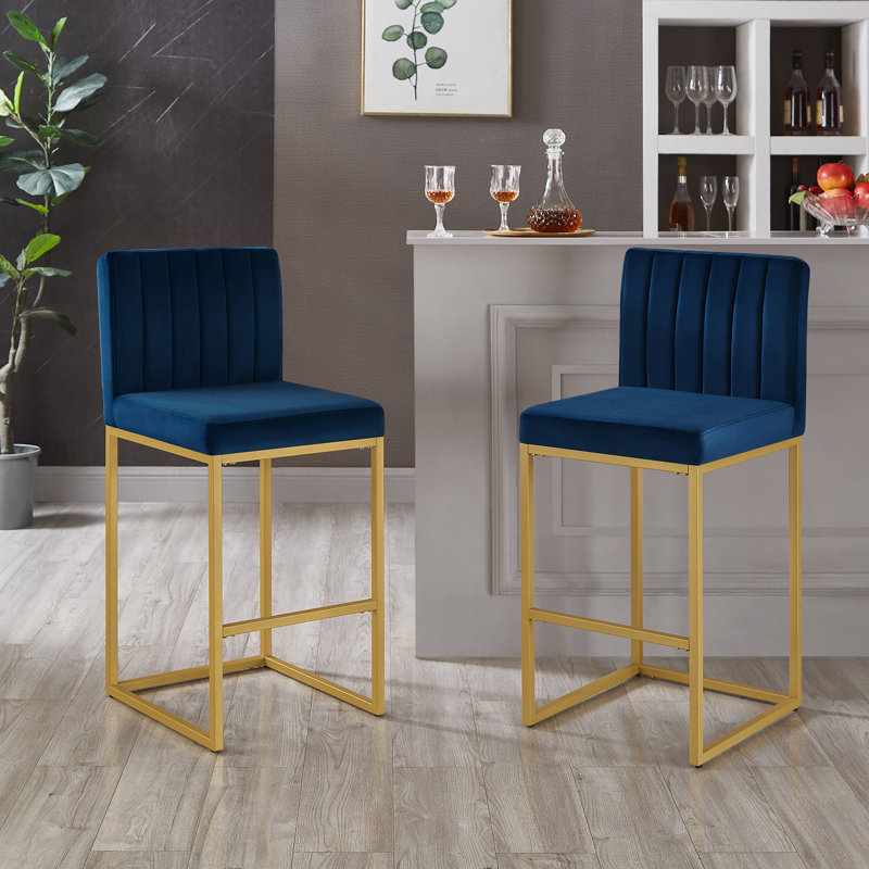Tabouret de bar moderne avec dossier complet et pieds en fer, ensemble de 2, Navy
