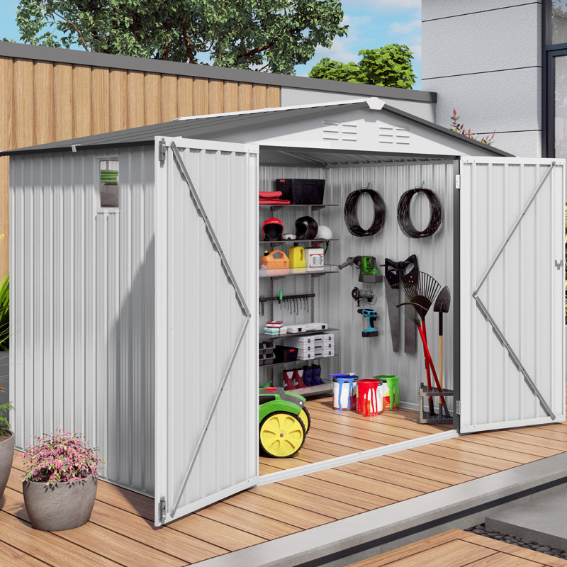 Remise de jardin en métal 8 x 6 pi, toit incliné, imperméable, une fenêtre, deux portes verrouillables, blanc et gris, convient au balcon et à la cour à l'extérieur, facile à assembler