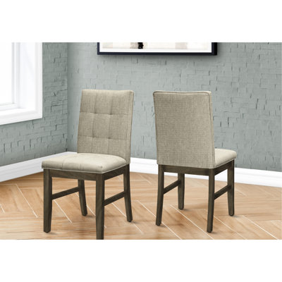 Chaises de salle à manger rembourrées de 37 po de hauteur, dont 2, revêtement en tissu brun, structure en bois massif gris, style transitionnel pour les espaces, et tissu illustré de haut 2, base, cuisine de salle de conception, guide de construction