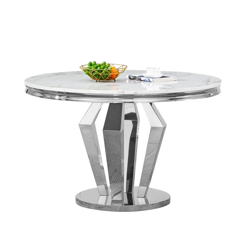 White Marble Dining Table, Luxurious 44.88" Round Dining Room Table with Printed Marble Top and Diamond Shape Stainless Steel Pedestal, Modern Circle Kitchen Table for 6
