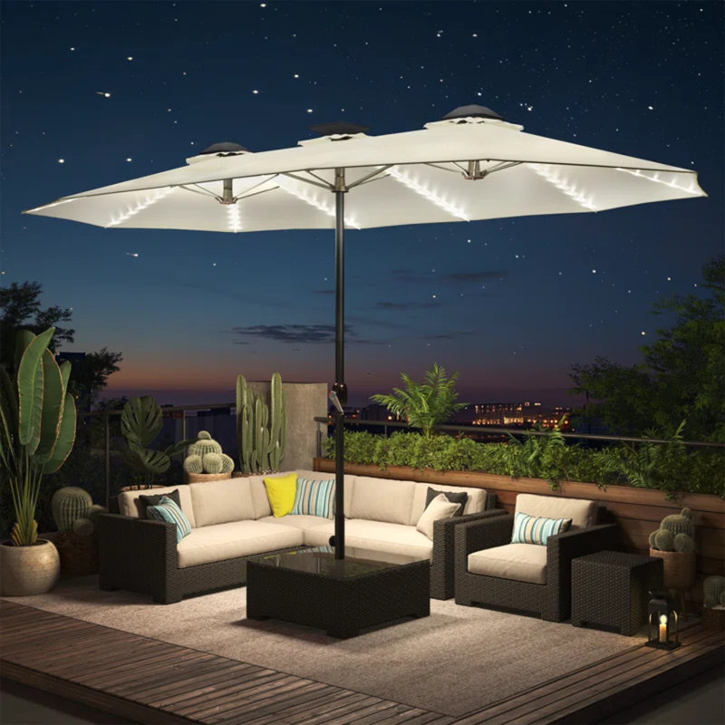 Grand parasol double 15 pi avec lumières solaires, Beige