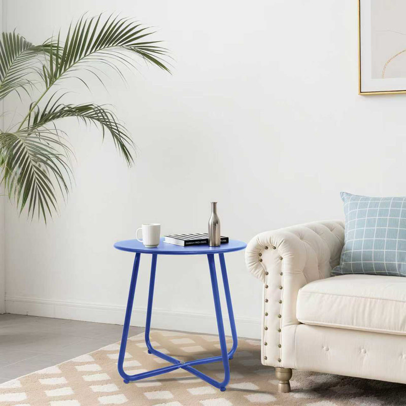 Outdoor Small Patio Side Table,Metal Round End Table, Blue