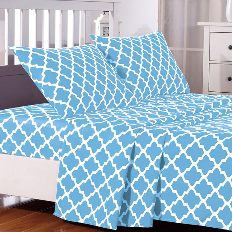 Lux Decor Collection 4 Pc Soft Microfiber Bed Sheets Set Geometric Quatrefoil Bedding, Twin Sheet Set with 1 Pillowcase, Blue
