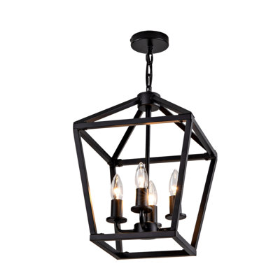 Farmhouse Lantern Chandelier 4-Light, Industrial Black Ceiling Light Fixture with Rustic Open Cage and Adjustable Hanging Height, E12 Base for Kitchen Island, Dining Room, Entryway, Foyer
