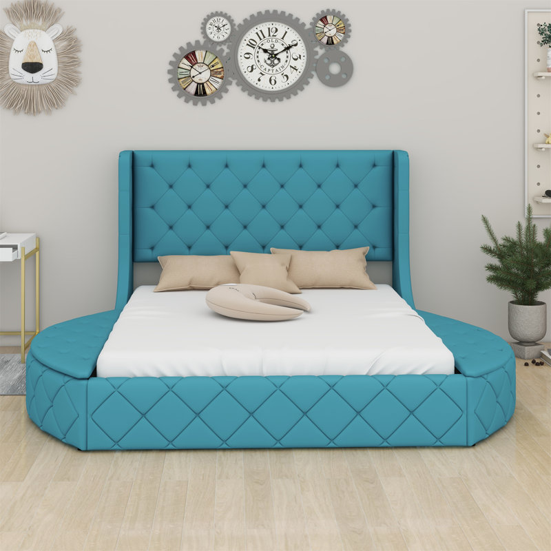 Lit plateforme tapissier avec tête de lit à oreilles et 1 grand tiroir, 2 tabourets de rangement latéraux, Bleu