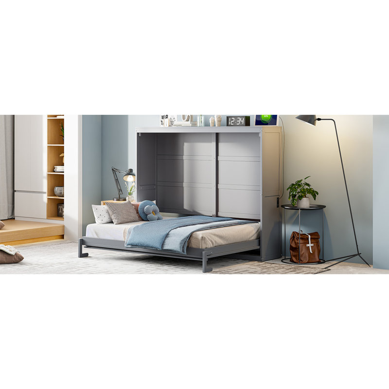 Lit escamotable double pleine grandeur, gris, Lit double, Gris