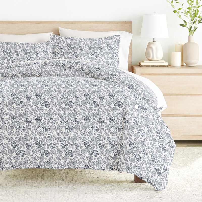 Duvet Cover Set Patterned Microfiber Ultra Soft Bedding in Coarse Paisley, Navy, King Duvet Cover + 2 Standard Shams