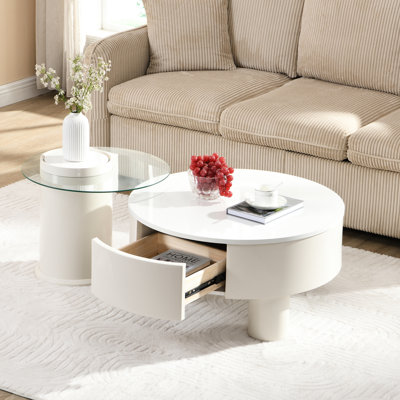 White Round Plastic Coffee Table Of 2 For Living Room, Nesting With Storage Drawer, Space - Saving And Stylish Function, Modern Aesthetic Sense, Material Quality , Multi Use In Environments, Quick