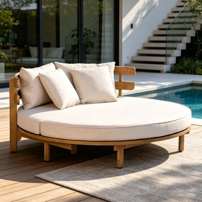 Outdoor Acacia Wood Round Daybed, Patio Lounger with Curved Slatted Backrest, Cushion and 4 Pillows