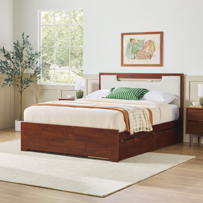 Grand lit de rangement Mid-Century en bois massif avec 2 tiroirs 