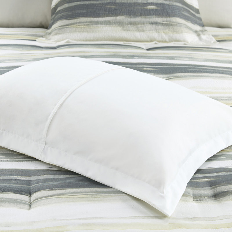 Literie en seersucker jaune double / grand - 8 pièces avec bourre, édredon imprimé à rayures grises et aquarelles, coussins décoratifs discrets