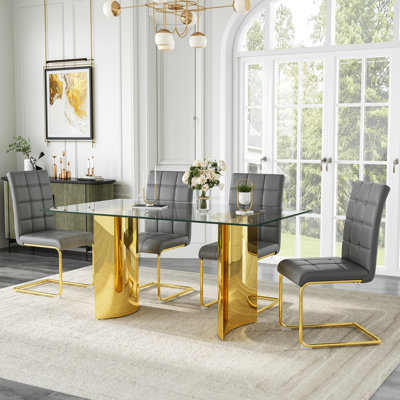 Modern Glass Dining Table Set, 63" Tempered Glass Top With PU Leather Upholstered Cantilever Chairs And Backrest Pull Ring