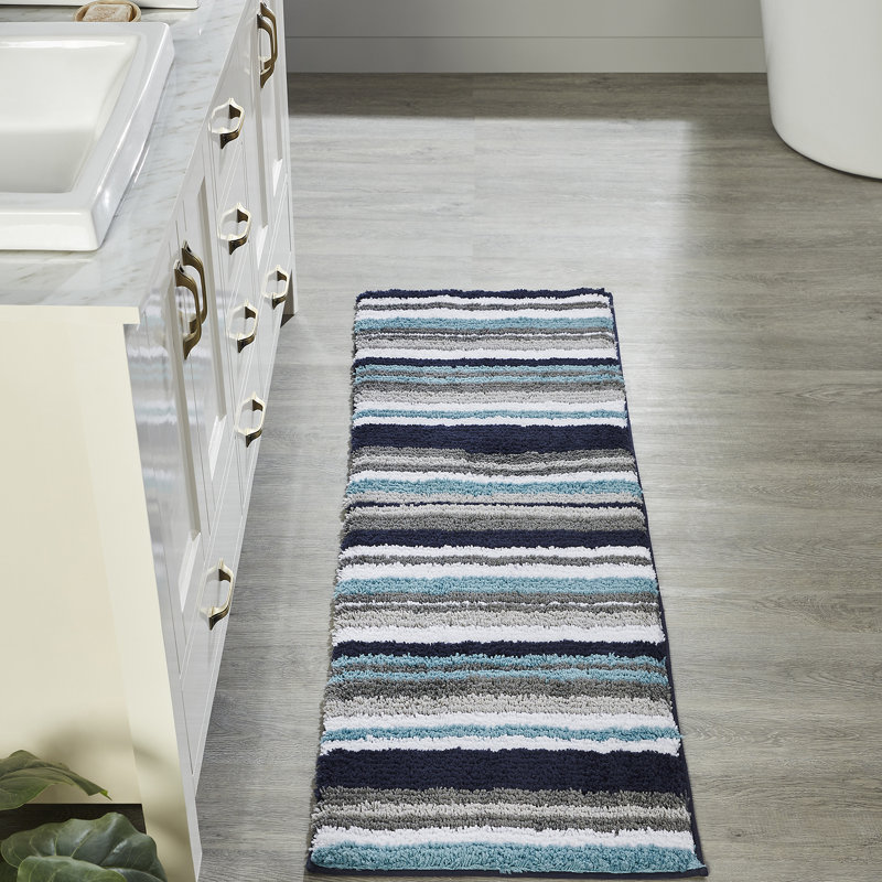 Griffie 100% Polyester Bath Rug Stripe Pattern with TPR Backing Machine Washable Soft & Absorbent Bathroom Rug, Blue