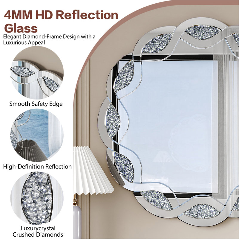 Silver Crush Diamond Round Wall Mirror, 31.5 Inch Wave Frame Decorative Mirror for Living Room, Bathroom, Bedroom, Hallway, Heavy Duty Frame with 2 Hangers