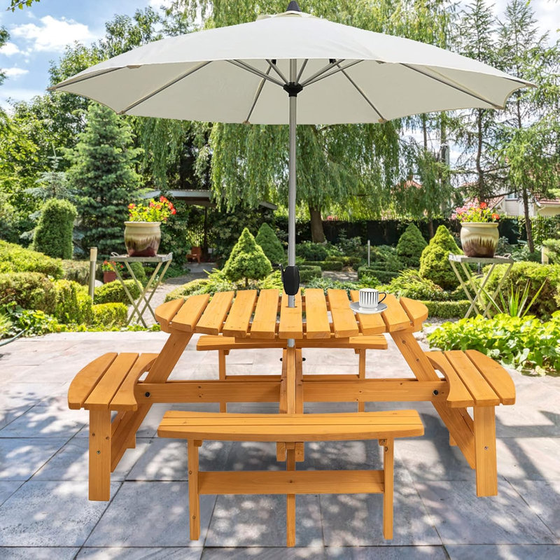 Faaizah Outdoor 8-person Dining Sets With 4 Curved Benches, Round Tabletop And Umbrella Hole, Natural