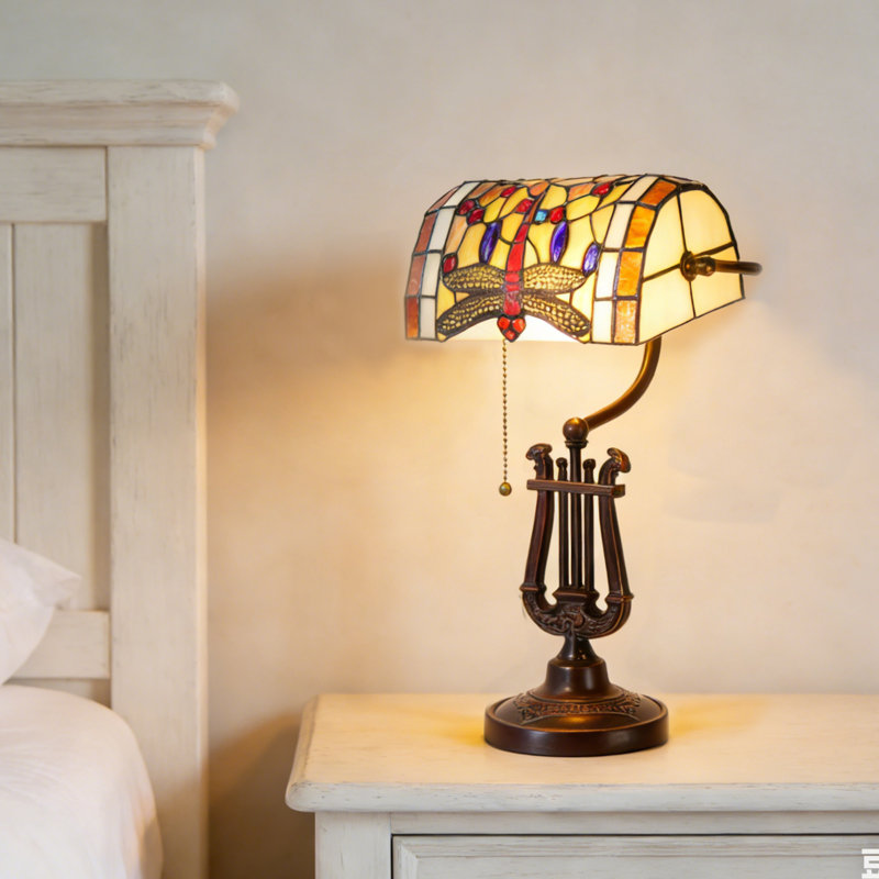 Lampe de table libellule en verre coloré style Tiffany avec base en bronze Lyre