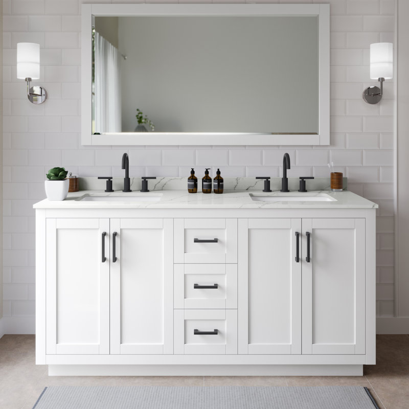 Miranda 66" Freestanding Double Bathroom Vanity with Quartz Top, Giotto Quartz, White, Matte Black