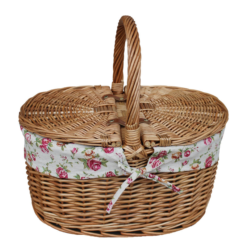 Wicker Lidded Picnic Hamper Basket with Lining