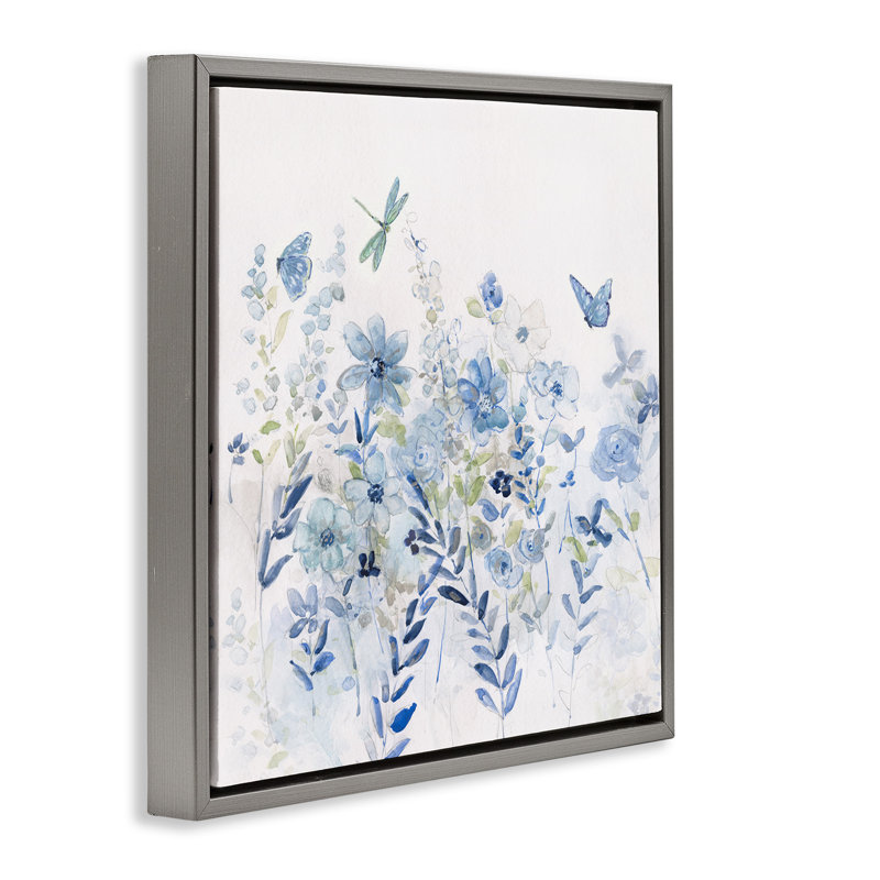 Délicat jardin floral bleu, Cadre flottant gris lustré, H 25 po x l 25 po