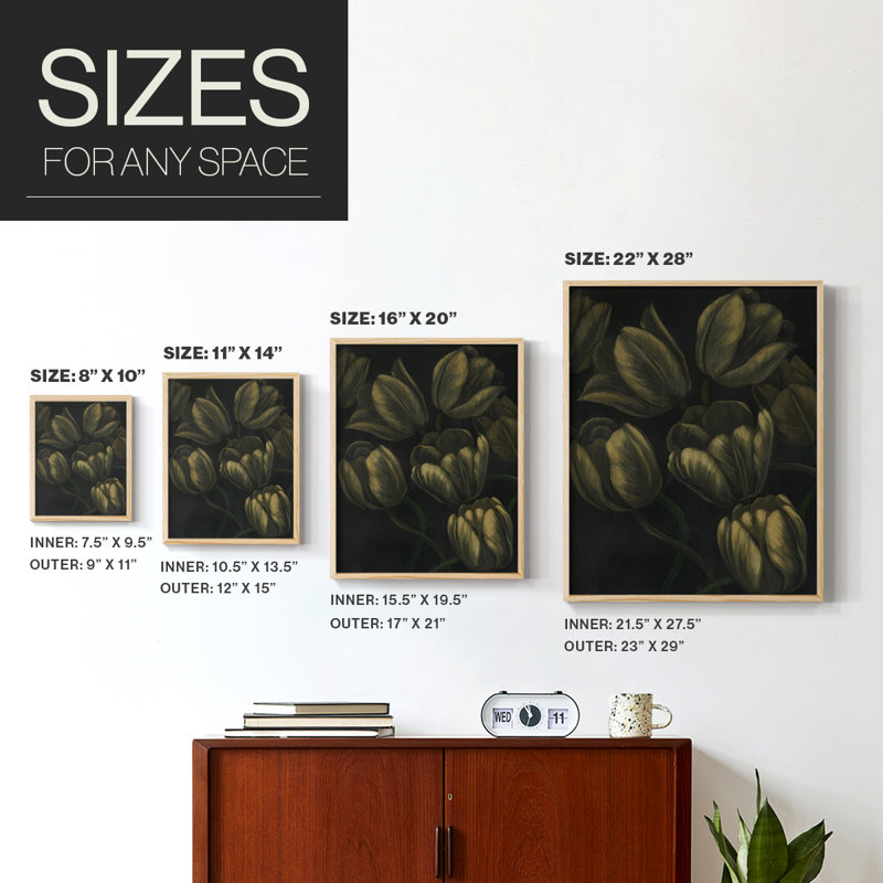 Reproduction encadrée de tulipes dorées II - bois massif, Naturel, H 30 po x l 24 po