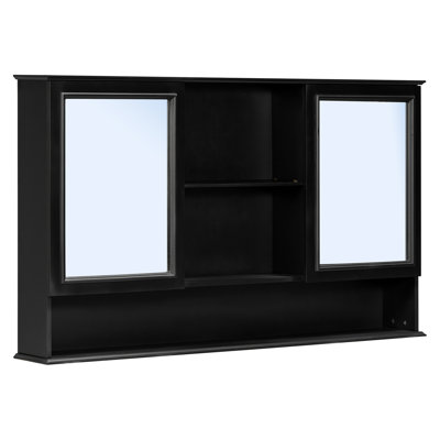 [Video] 60" Wall-Mounted Bathroom Medicine Cabinet with Double Mirrored Doors, Adjustable Shelves, Open Storage, Soft-Close Hinges, Black