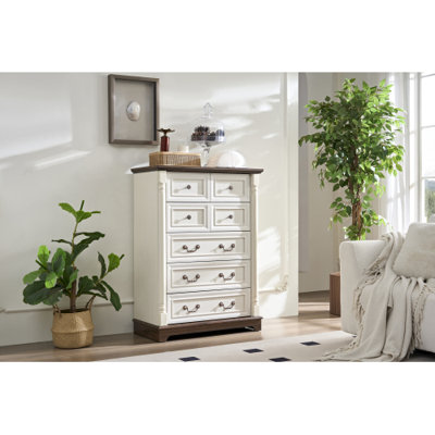 Commode de chambre à coucher 7 tiroirs en bois rustique avec base et rebord - Charmant rangement pour la chambre à coucher et le salon