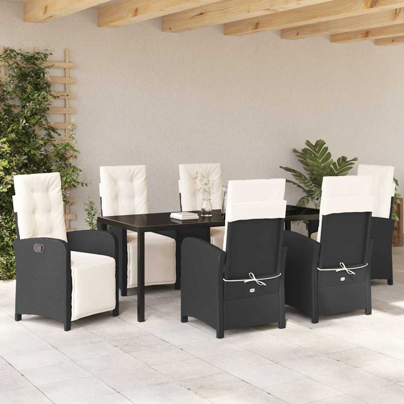 Ensemble de salle à manger de jardin 7 pièces en rotin noir avec sièges confortables et meubles de style moderne