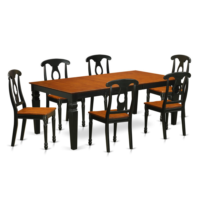 Ensemble de table de salle à manger 7 pièces composé d'une table de salle à manger rectangulaire avec rallonge papillon et 6 chaises en bois, noir et cerise