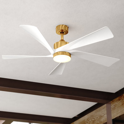  Redmond 52 in. Satin Brass Indoor Rod Mount Contemporary Ceiling Fan with Matte White Blades, Dimmable Integrated LED Light Kit and Remote Control Included, 6 Speed Energy Efficient DC Motor