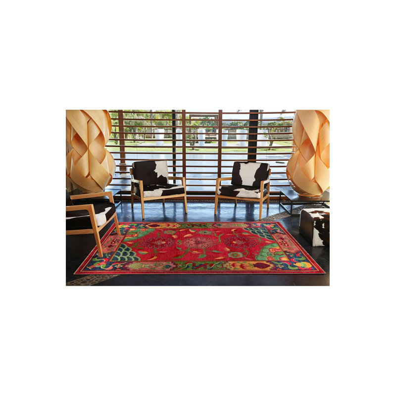 Tapis décoratif rouge à motif floral rouge rétro à motif lavable à la machine, Rectangle 3 pi 3 po x 4 pi 11 po