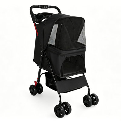 Foldable Pet Stroller with Multi-Functional Tray and Storage Basket, 19.69" L x 25.2" W x 39.37" H, Carbon Steel Dog Cat Stroller with 360° Swivel Wheels for Small Dogs and Cats up to 28 lbs, Black, 1 Piece