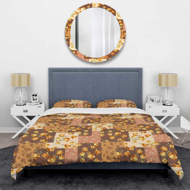 Patchwork de fleurs jaunes - ensemble de housse de couette abstrait - polyester microfibre